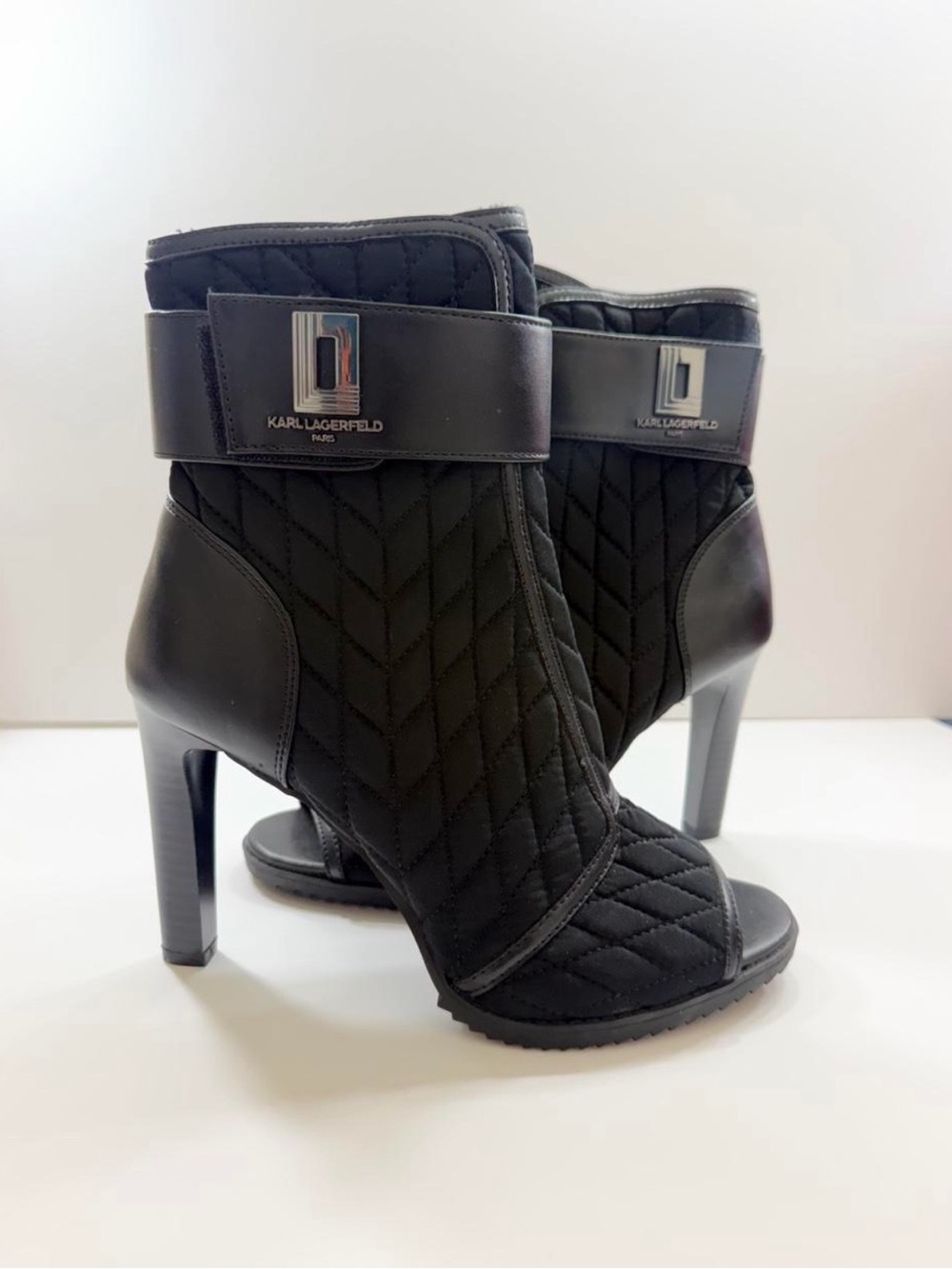 Karl Lagerfeld Paris Black Quilted Open-Peek Ankle Booties with Logo Strap-New